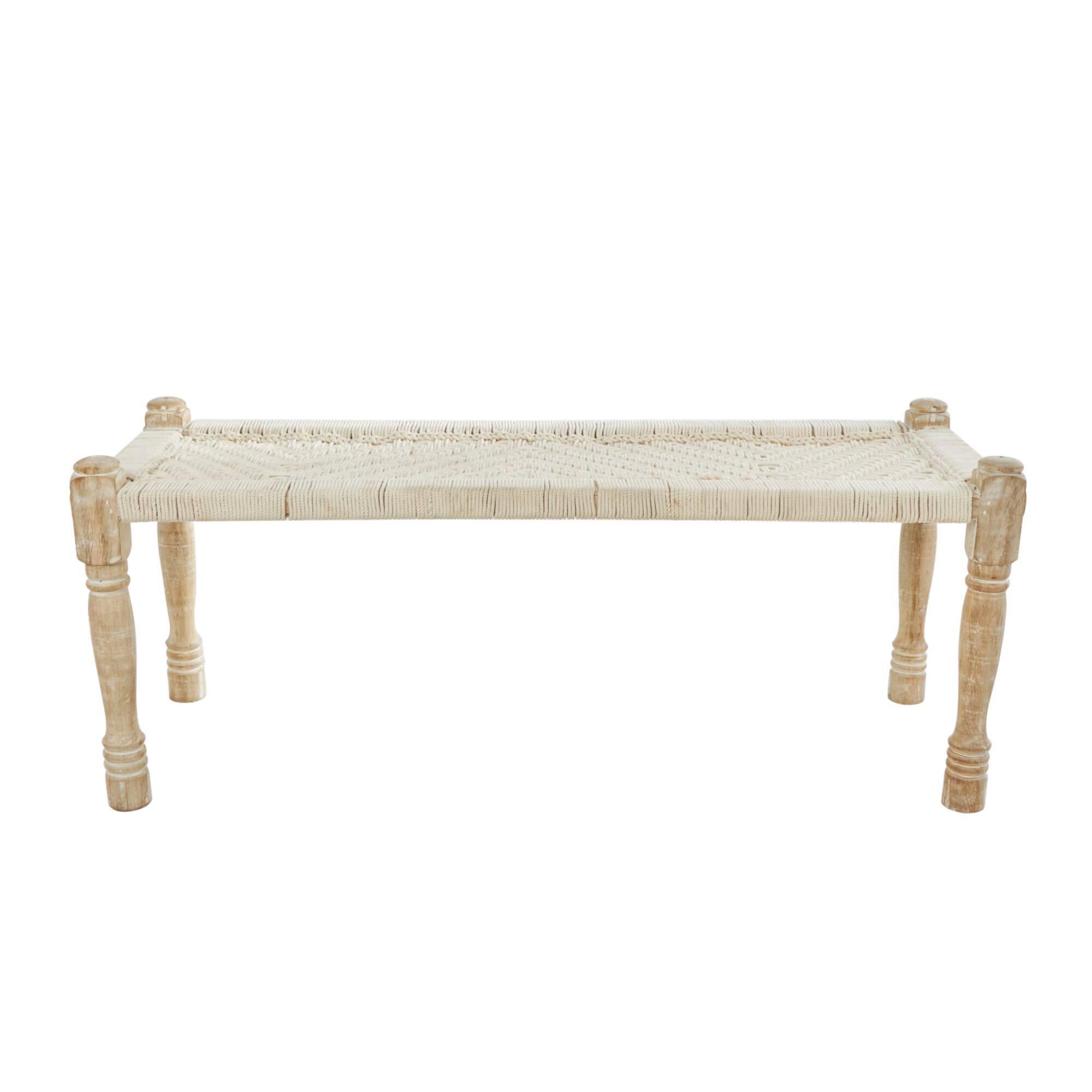 Beige Cotton Handmade Woven Chevron Bench with Mango Wood Legs